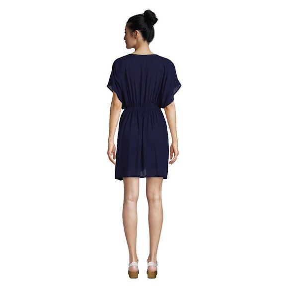 Lands End Women's M-L Deep Sea Navy Sheer Short Sleeve Gathered Waist Swim Dress - Picture 4 of 10